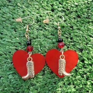 Hand-made Red Acrylic Heart w/ Cowboy Boot Earrings 925 Hooks